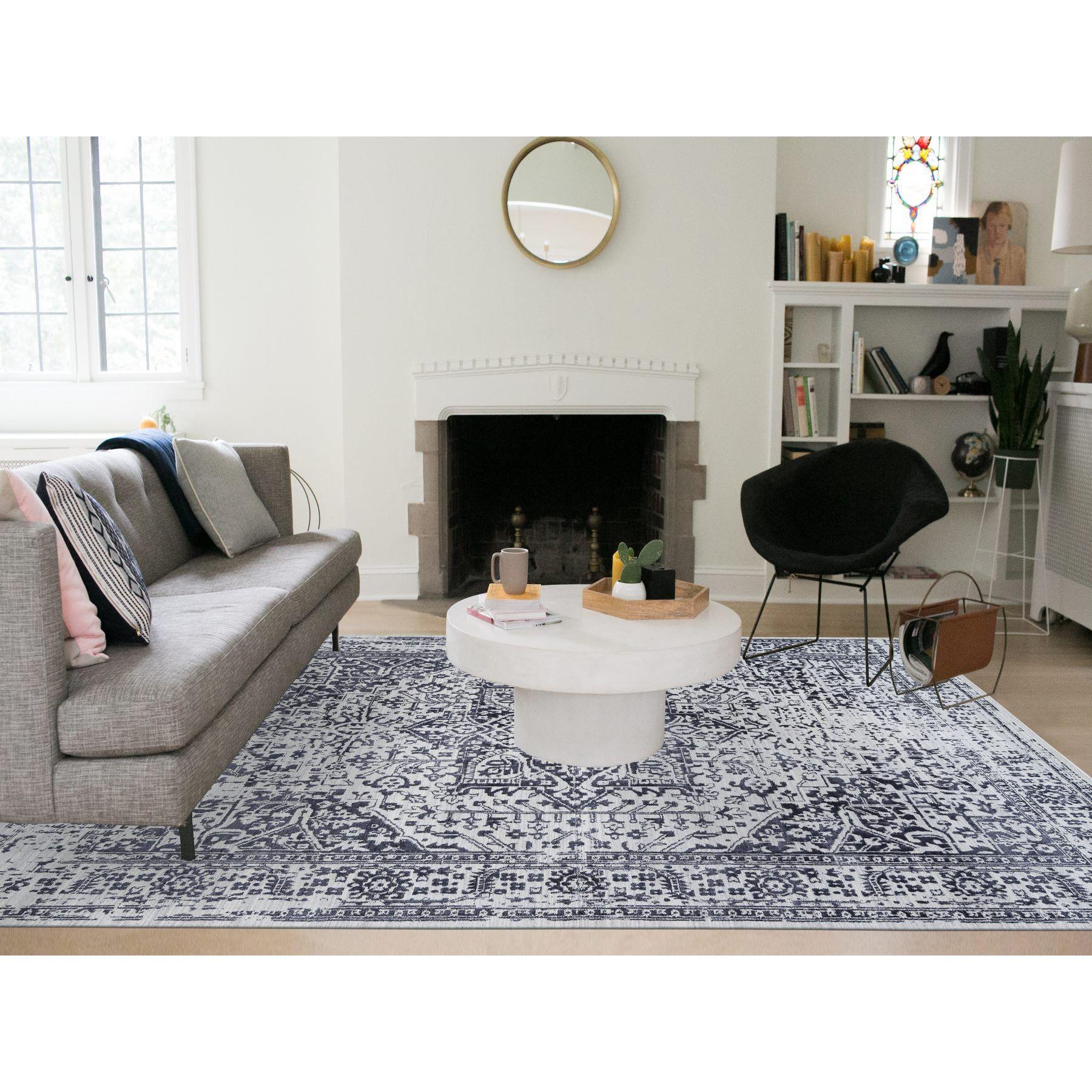 This is a truly genuine one-of-a-kind Charcoal Black, Erased Serapi Heriz Design, Jacquard Hand Loomed, Wool and Plant Based Silk, Oriental Rug. It has been Loomed for months and months in the centuries-old weaving craftsmanship techniques by expert