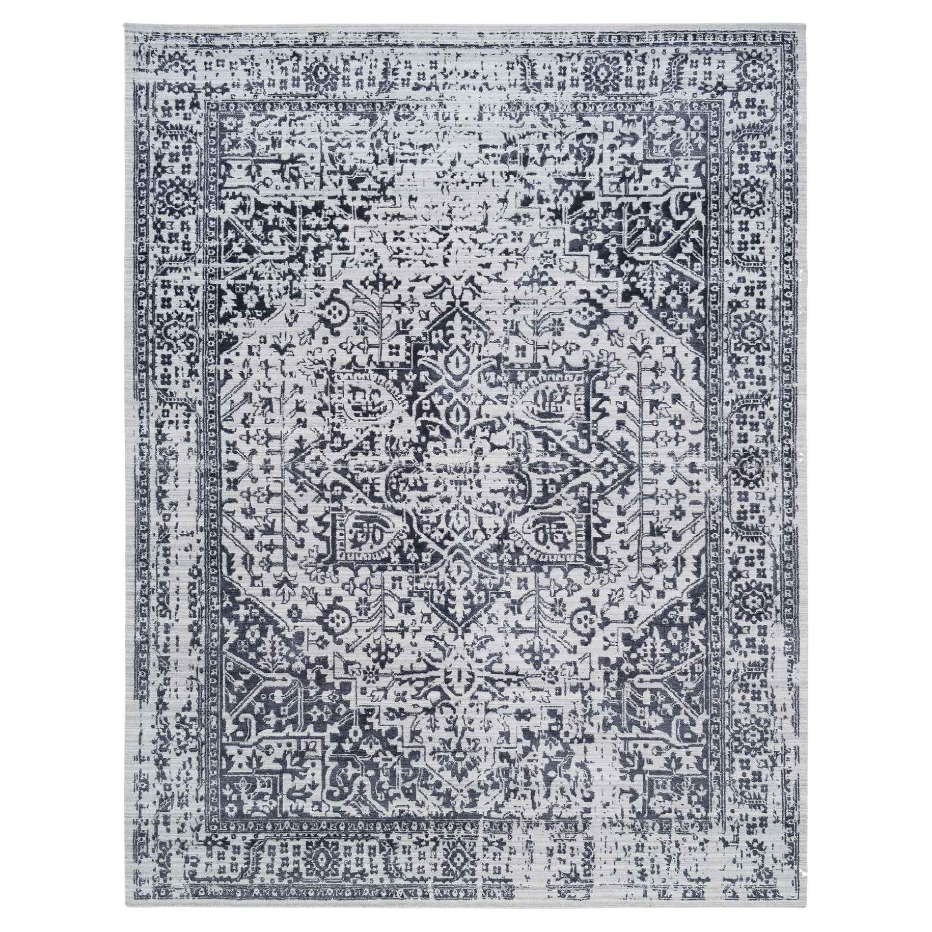 9'x11'10" Black Erased Serapi Heriz Design Wool and Silk Hand Loomed Rug For Sale