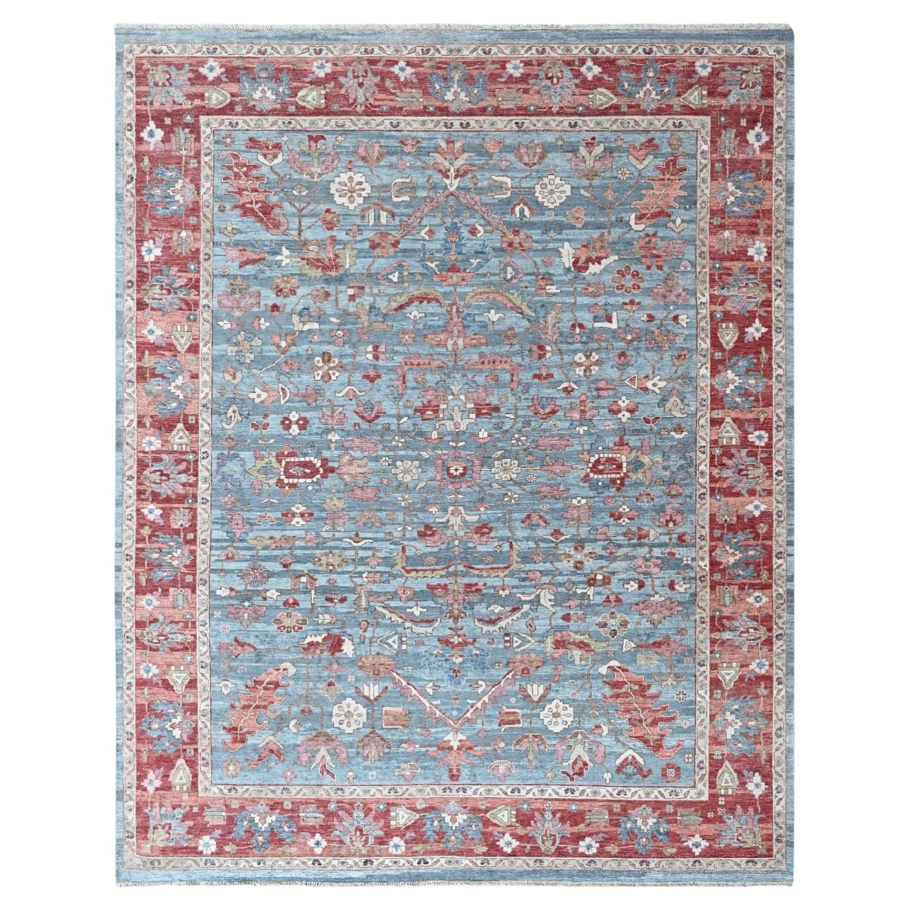 9'x11'10" Blue Antiqued Zoroastrian Heris All Over Design Hand Knotted Wool Rug