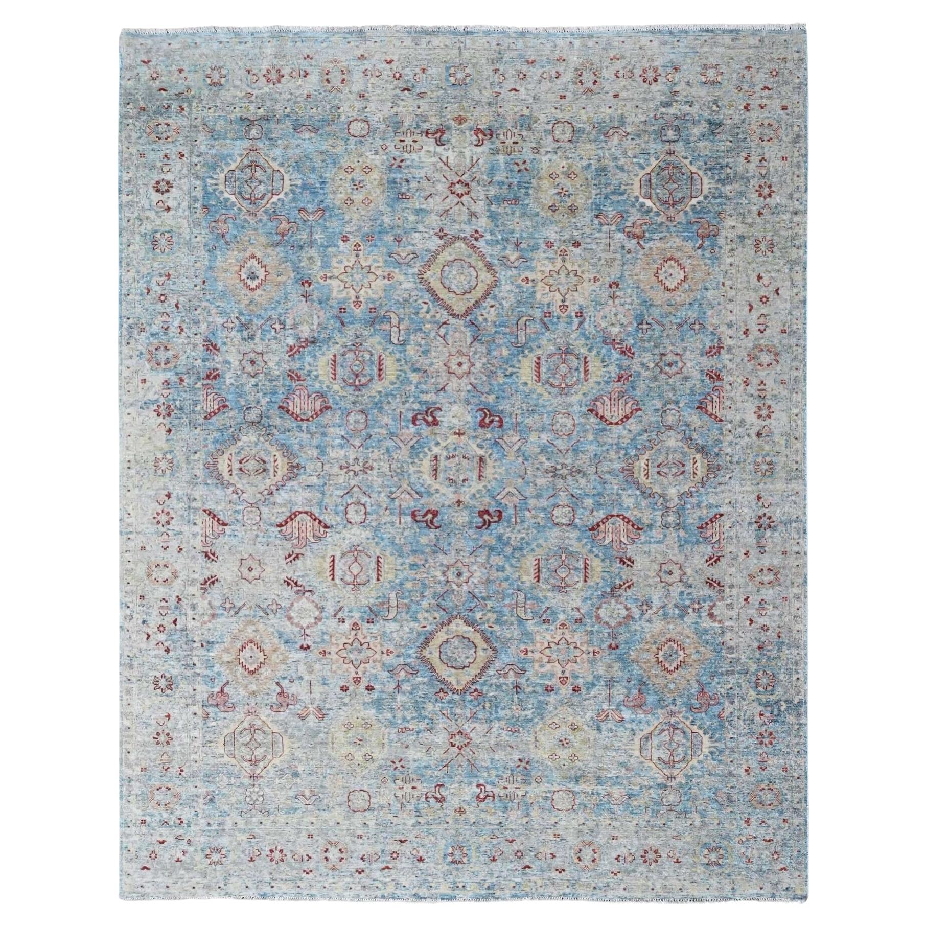 9'x11'10" Blue Broken and Erased Zoroastrian Design Hand Knotted Pure Wool Rug