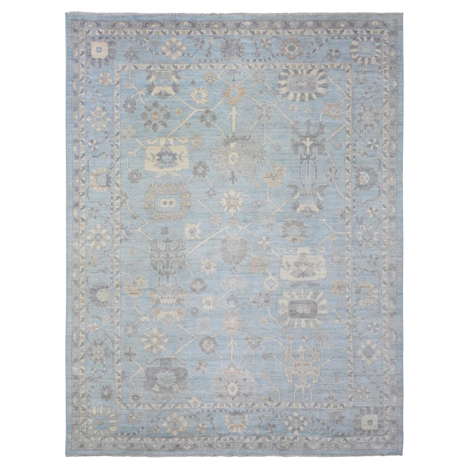 9'x11'10" Blue Soft Wool Hand Knotted Afghan Oushak All Over Design Oriental Rug