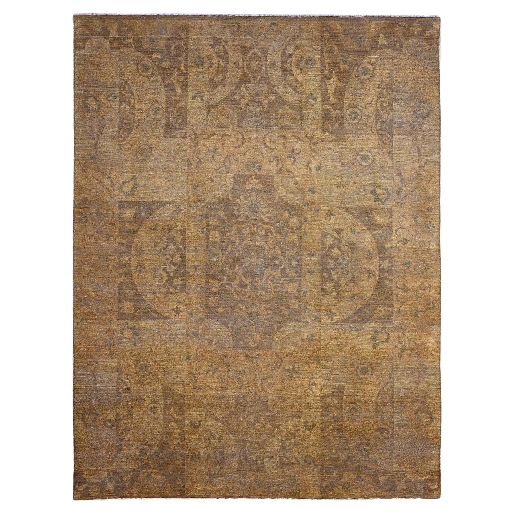 Alfombra de lana anudada a mano con influencia de diseño de jardín artesanal marrón 9'x11'10 en venta