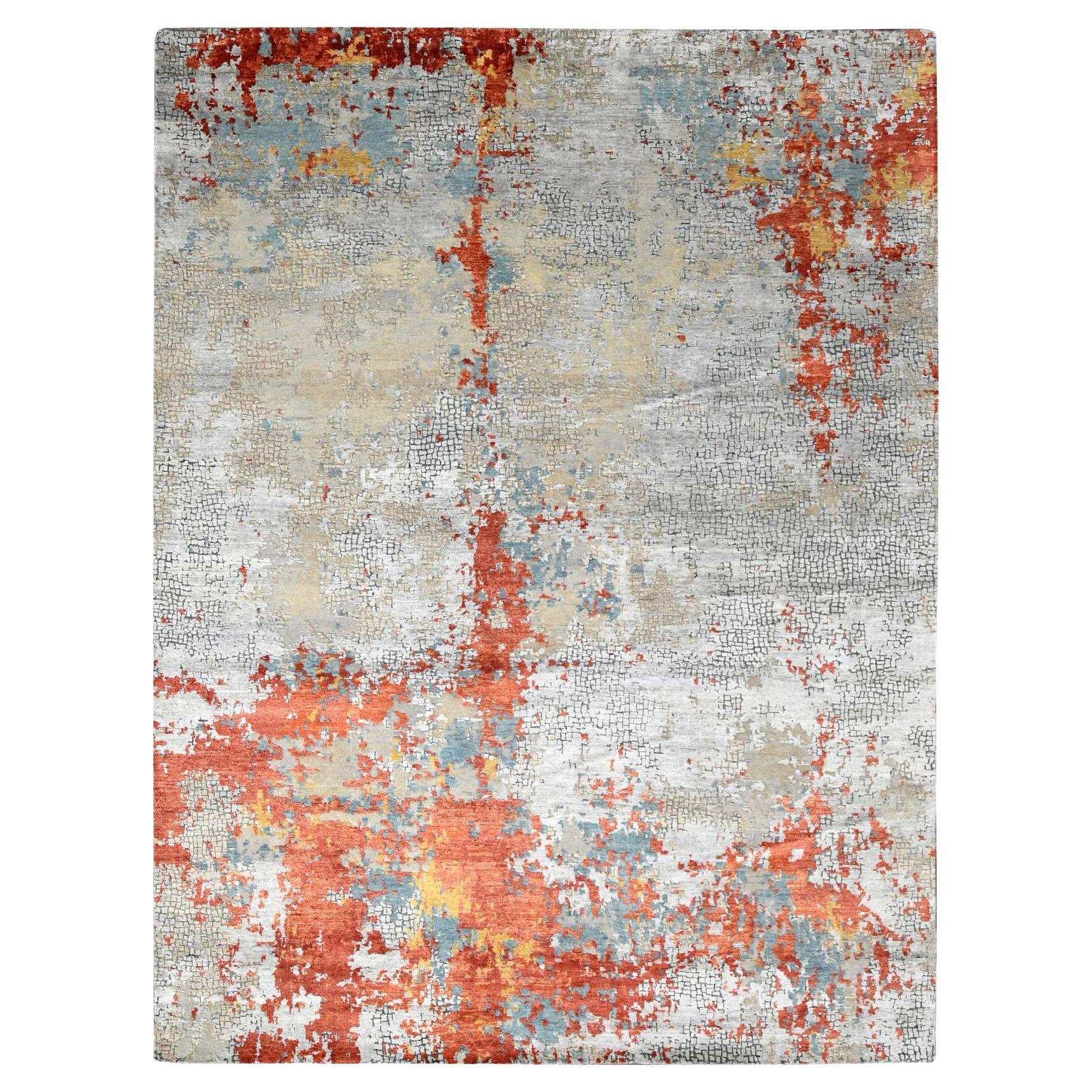 9'x11'10" Burnt Orange Fire Mosaic Design Wool and Silk Hand Knotted Rug
