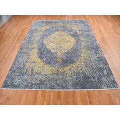 9'x11'10" Carbon Gray, Persian Medallion Design, Wool and Silk, Hand Knotted Rug