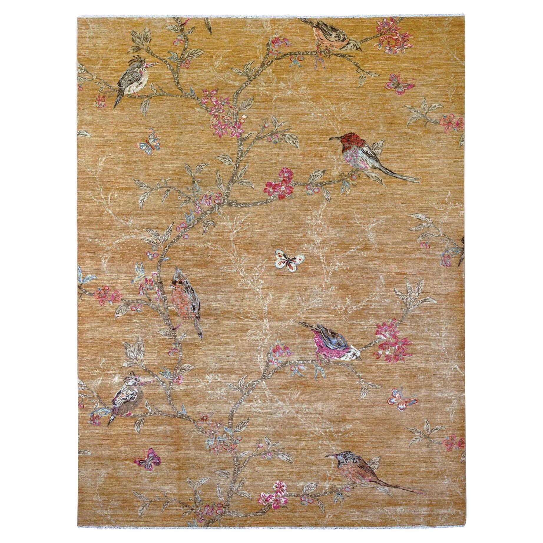 9
x11
10" Copper Brown Sparrows on the Tree Peshawar Tappeto annodato a mano in pura lana in vendita