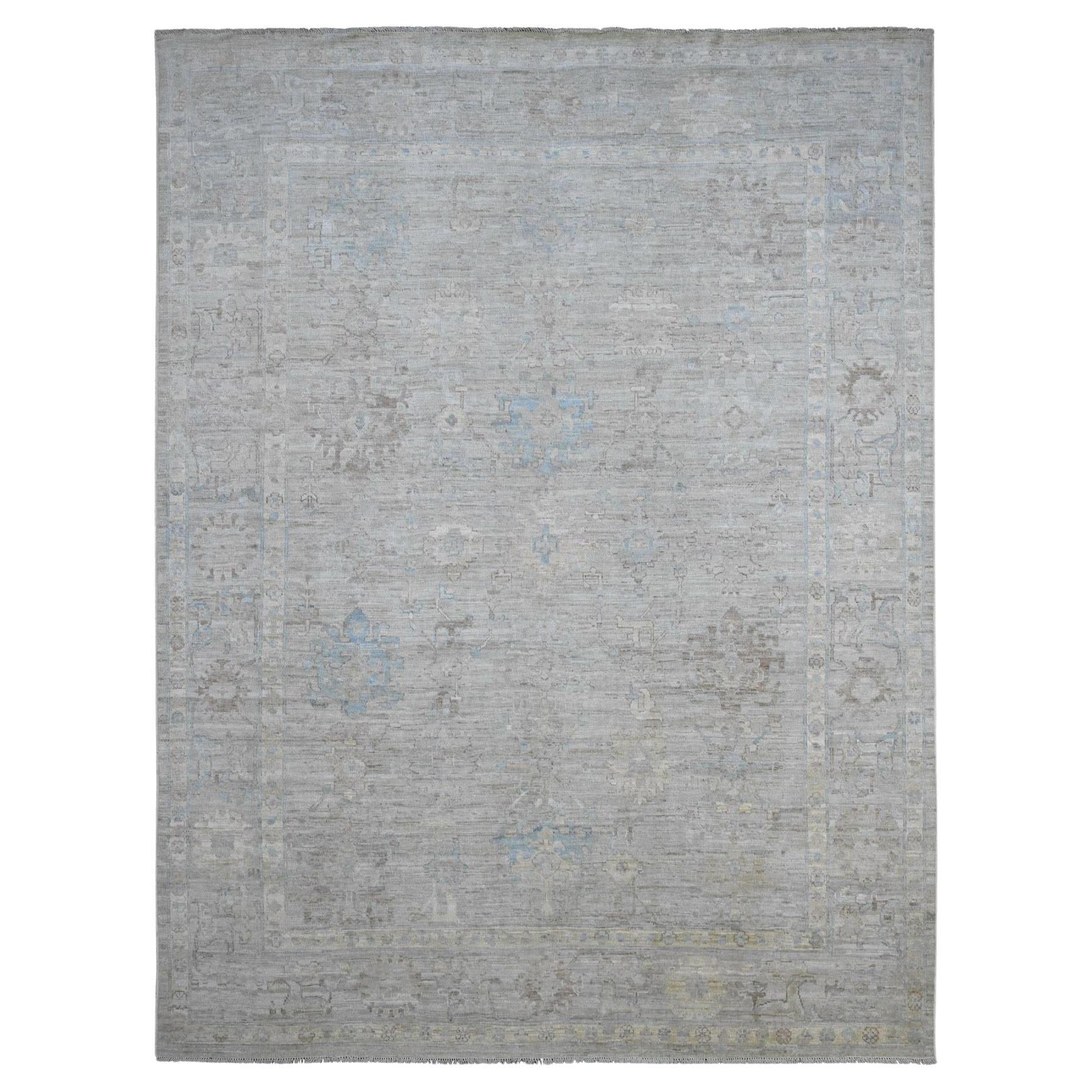 9'x11'10" Gray Afghan Angora Oushak Leaf Design Hand Knotted Wool Oriental Rug