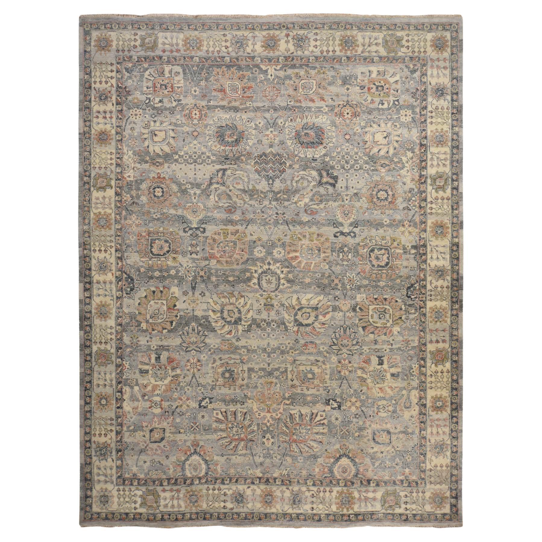9'x11'10" Gray Antiqued Tabriz Design Distressed Hand Knotted Pure Wool Rug