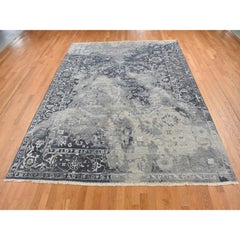 9'x11'10" Gray, Wool And Silk, Broken and Erased Heriz Design, Hand Knotted Rug