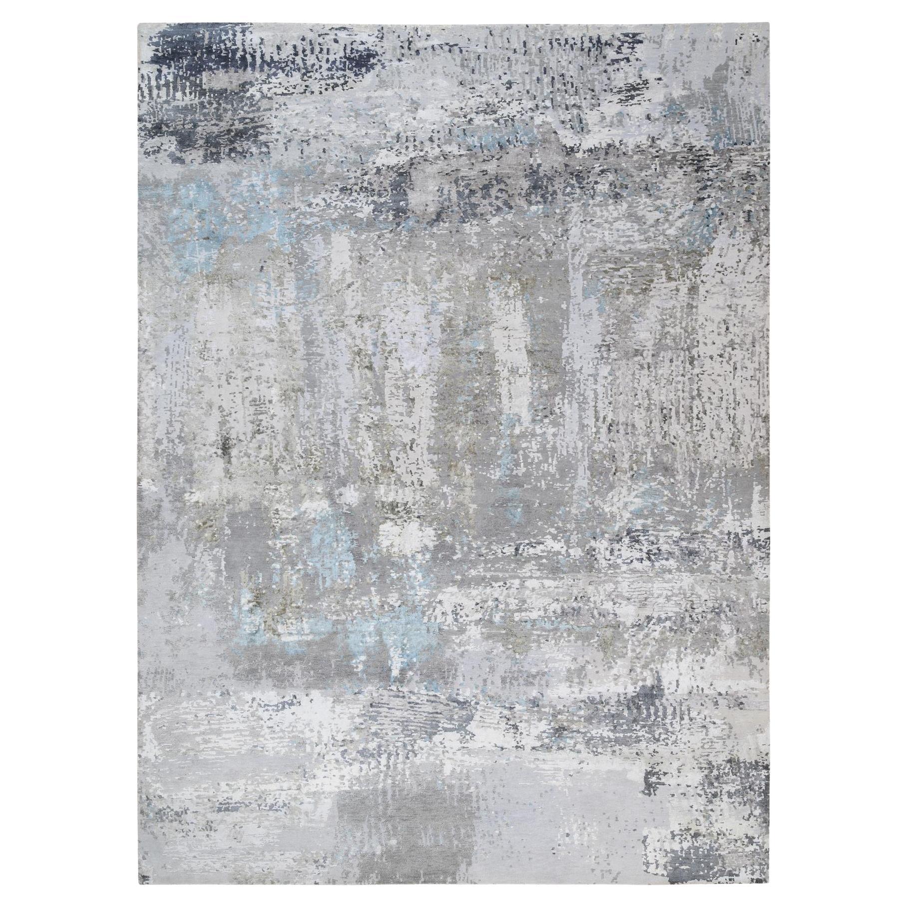 9'x11'10" Gray, Wool and Silk, Hand Knotted Modern Abstract Design Rug
