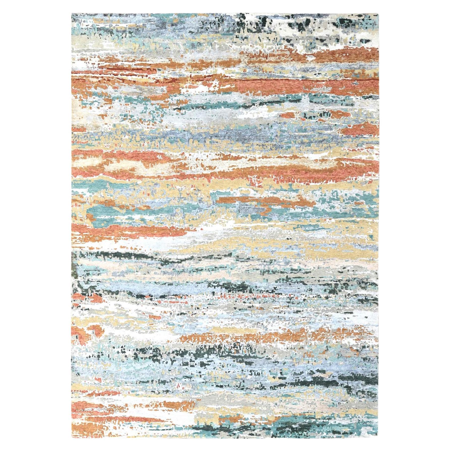 9
x11
10" Green Diagonal Abstract Design Wool and Silk Hand Knotted Modern Rug en vente