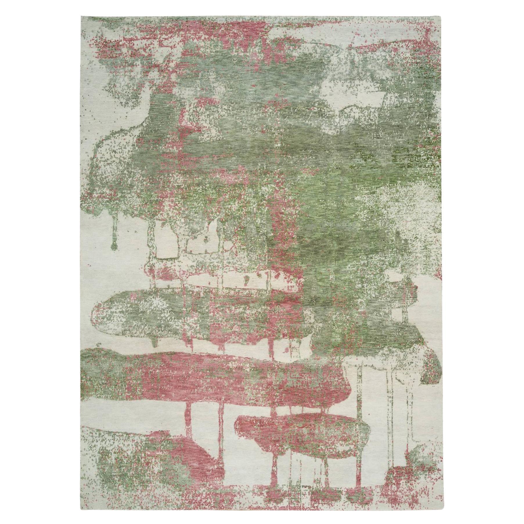 9
x11
10" Green Pastel Colors Dripping Clouds Design Hand Knotted Modern Rug For Sale