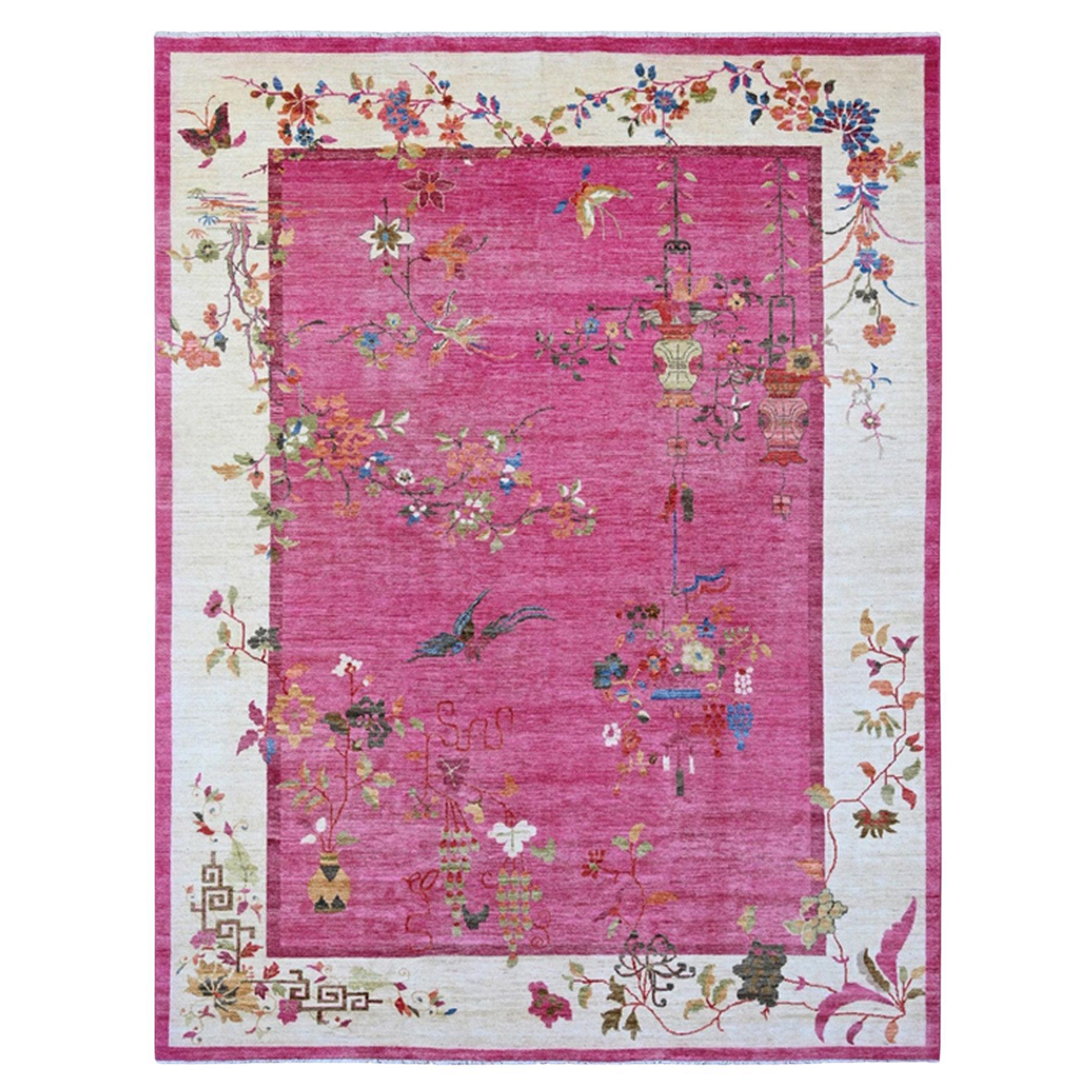 9'x11'10" Tappeto rosa caldo in pura lana di ispirazione Art Deco cinese annodato a mano Peshawar in vendita