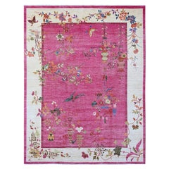 9'x11'10" Tappeto rosa caldo in pura lana di ispirazione Art Deco cinese annodato a mano Peshawar