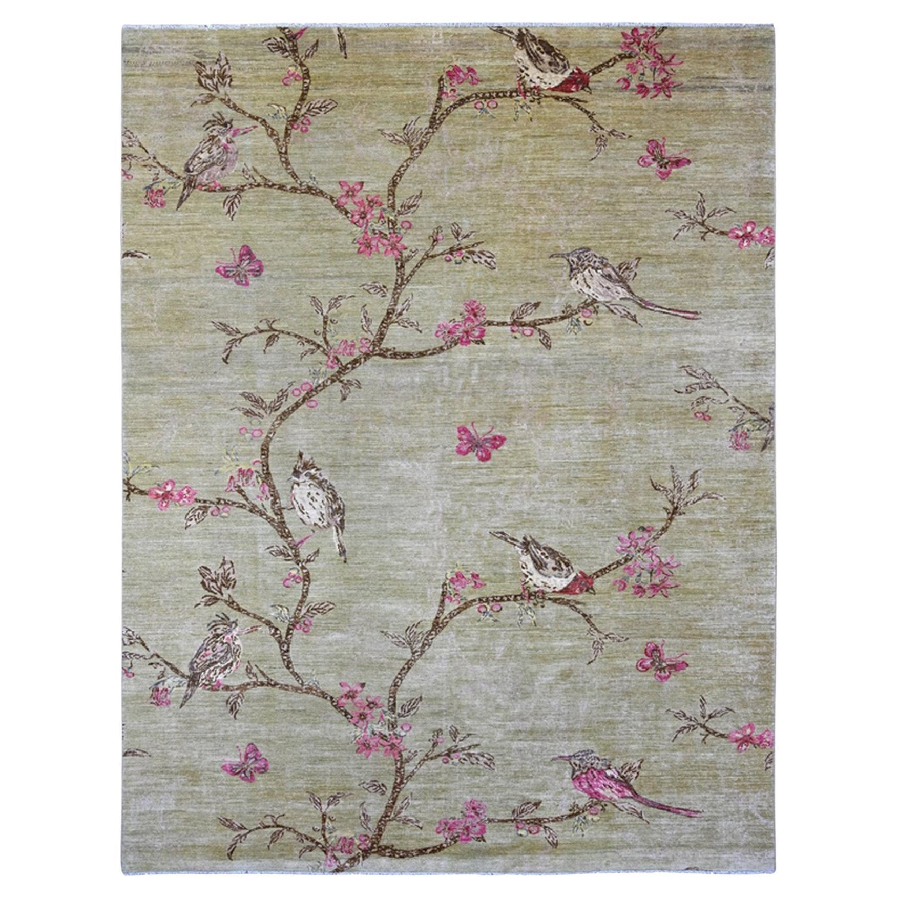 9'x11'10" Laurel Green annodato a mano Sparrows on the Tree Peshawar Soft Wool Rug