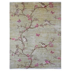 9'x11'10" Laurel Green annodato a mano Sparrows on the Tree Peshawar Soft Wool Rug