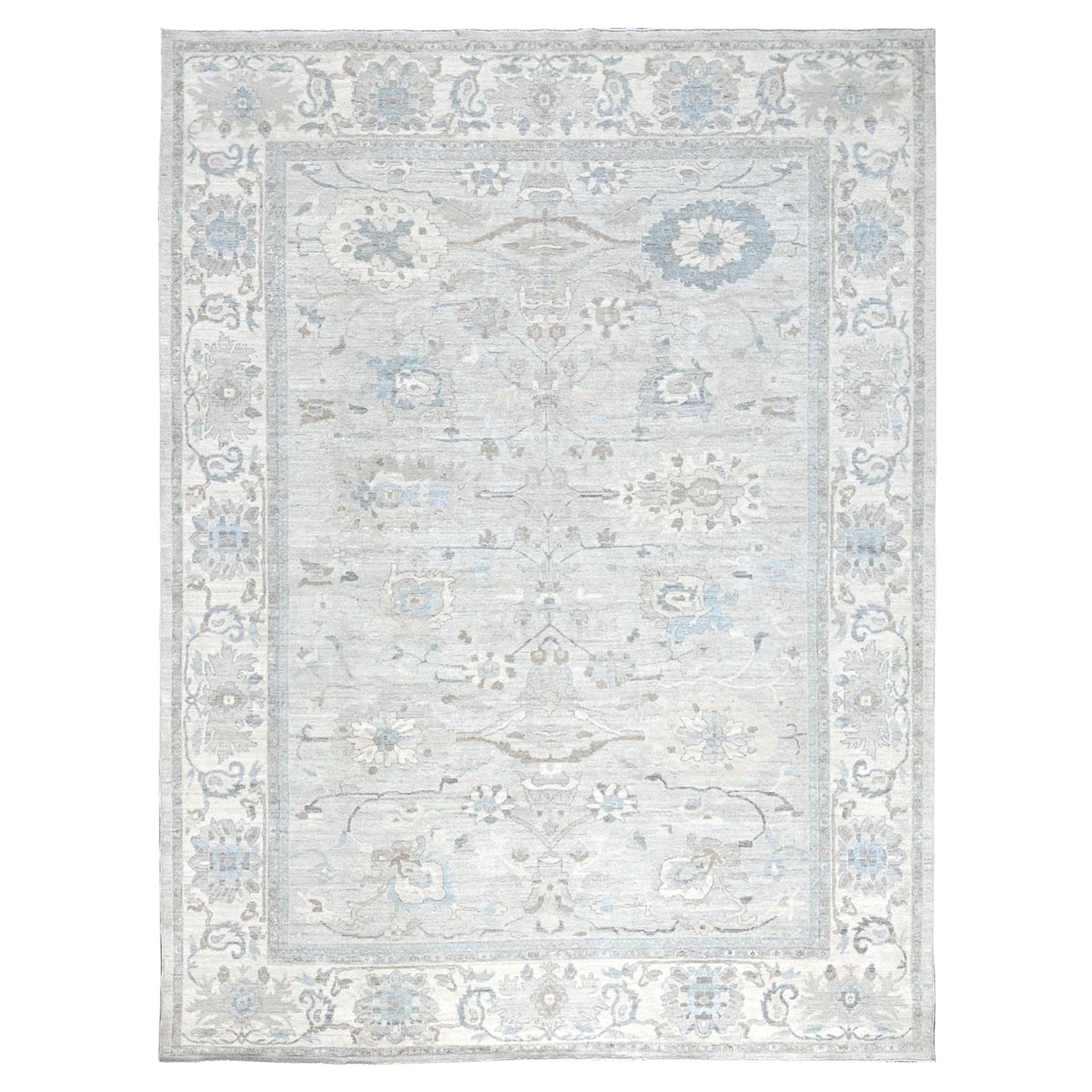 9'x11'10" Misty Gray White Wash Peshawar Hand Knotted Pure Wool Oriental Rug
