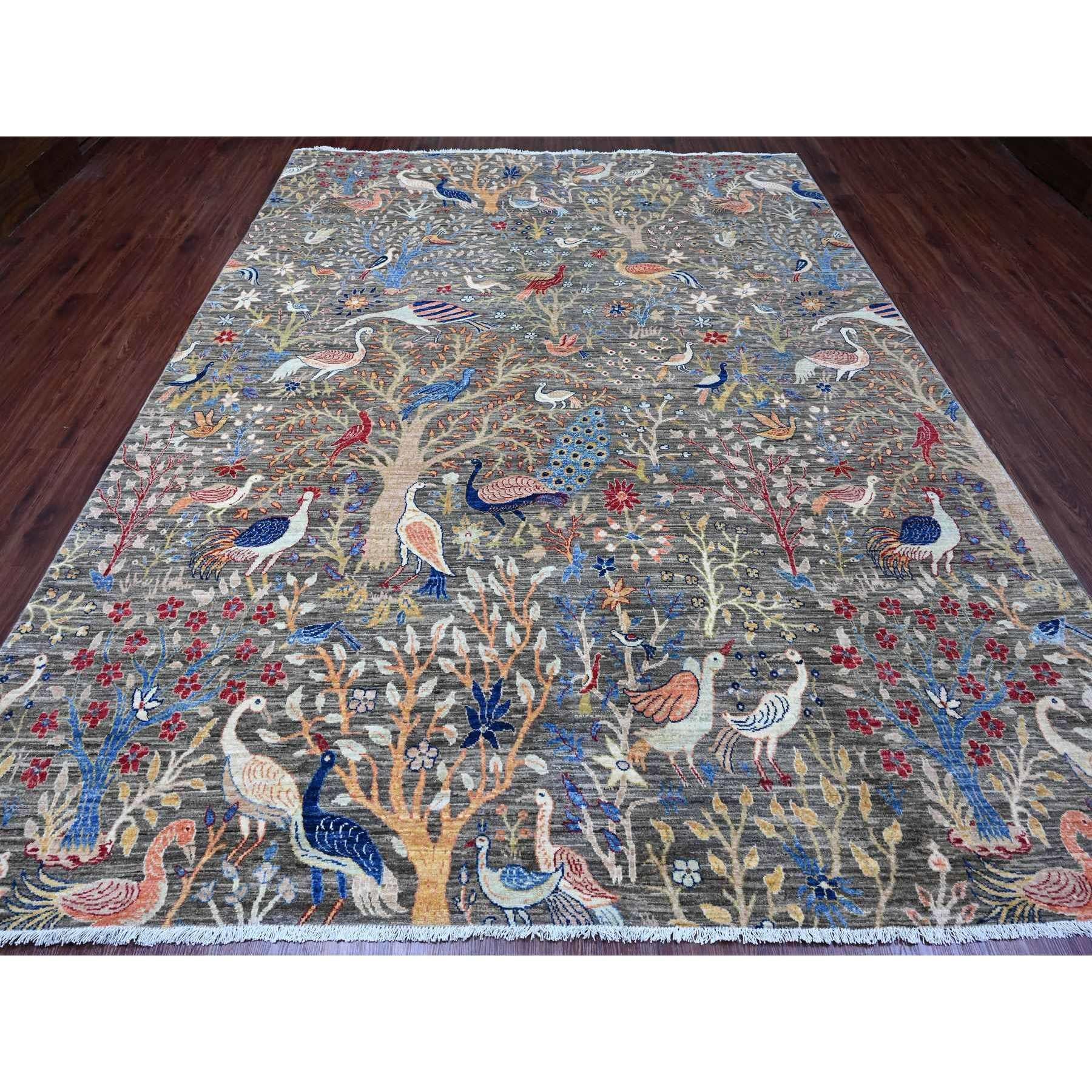 Nickel Gray, 100% Wool, Afghan Peshawar, Tree of Life, Birds of Paradise Design, Hand Knotted, Vegetable Dyes, Oriental Rug
Primary materials: Wool
Latex: No Pile 
height: 0.25 Inches
Style: Transitional
Primary color: Grey
Secondary colors: Red,