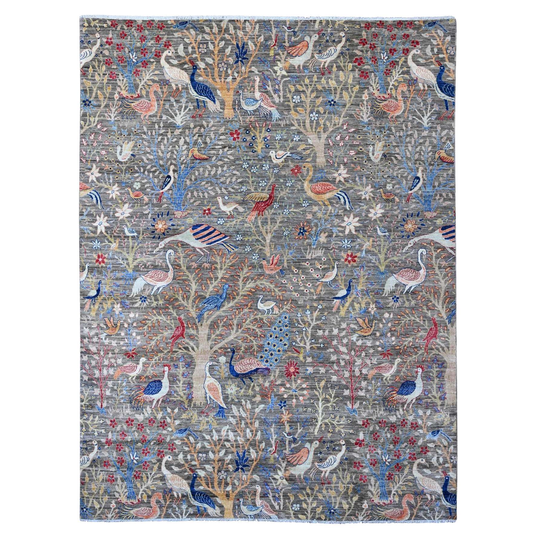 9'x11'10" Nickel Gray Wool Afghan Peshawar Birds of Paradise Hand Knotted Rug For Sale