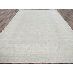 9'x11'10" Pearl White Washed Out Peshawar Heriz Design Hand Knotted All Wool Rug