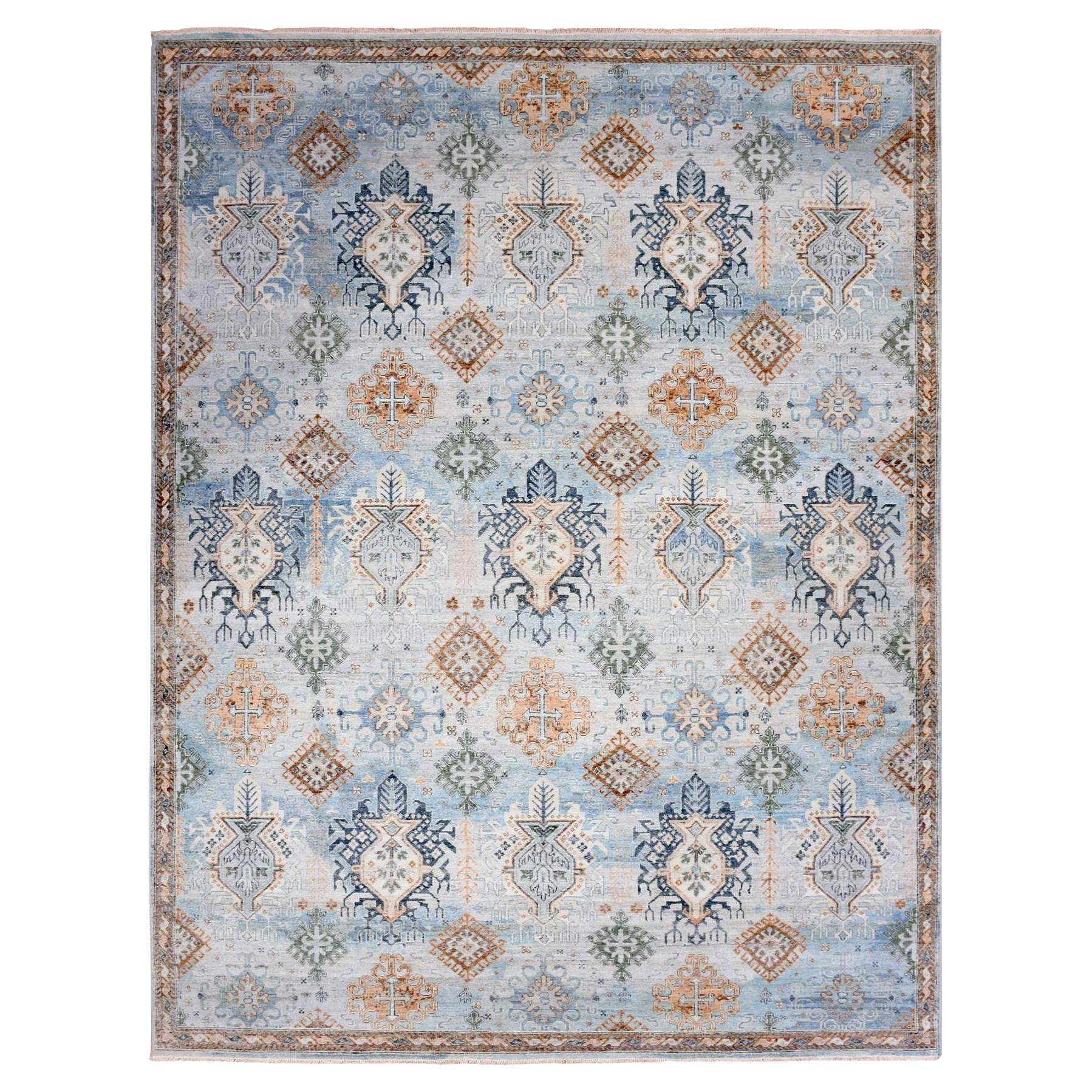 9'x11'10" Quarry Blue Caucasian Gul Motifs Laine nouée à la main Tapis d'Orient