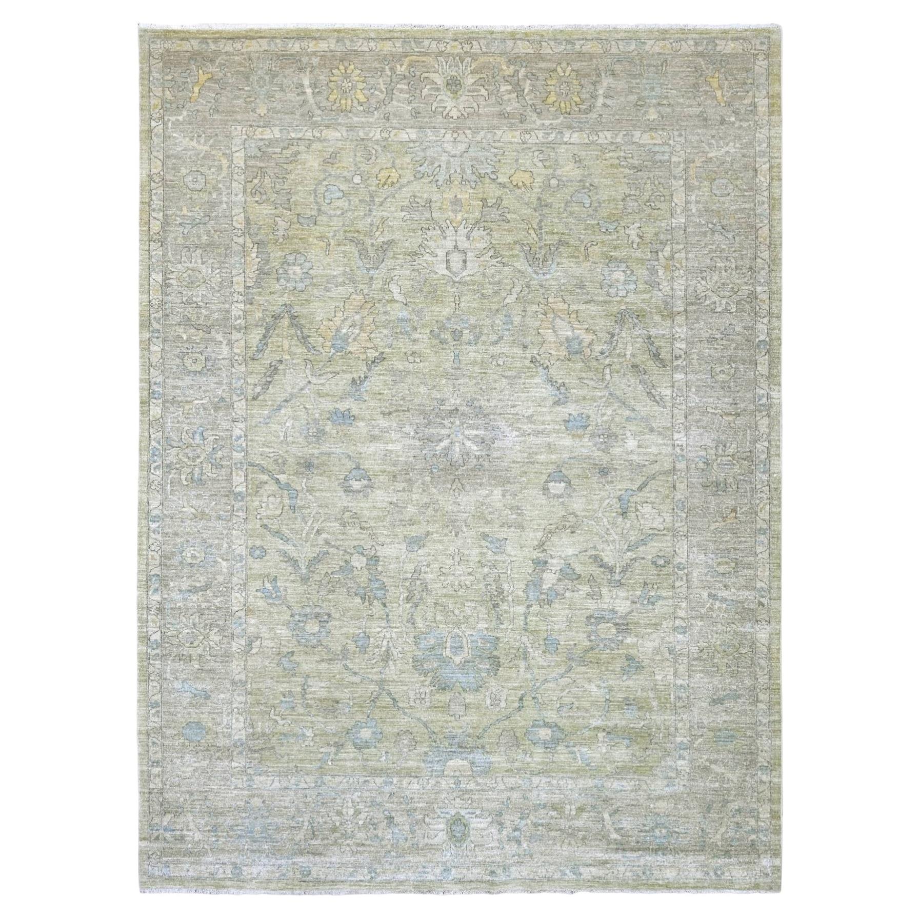 9'x11'10" Swamp Green Peshawar with All Over Design Hand Knotted Soft Wool Rug
