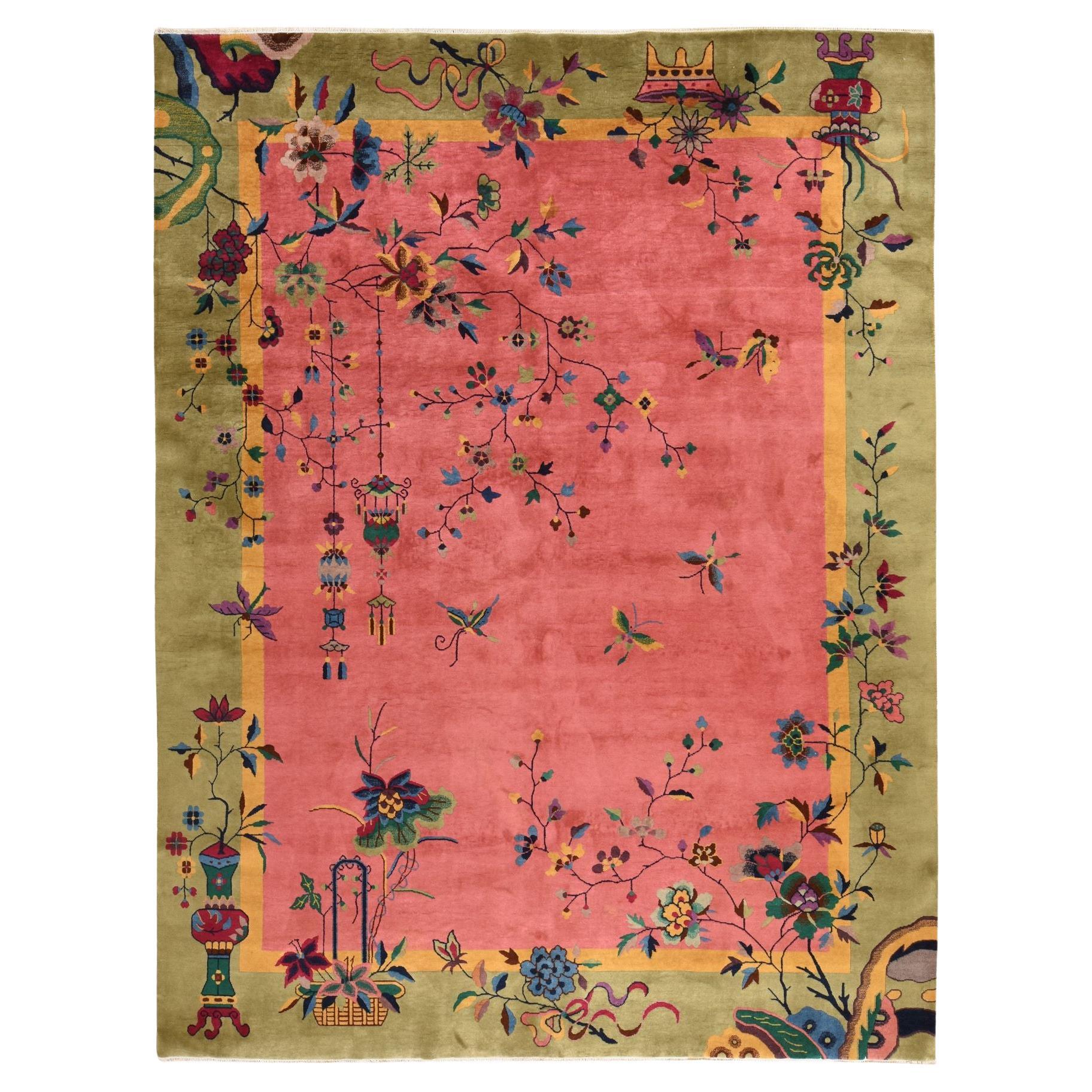 9'x11'4" Rose vif Antique Nichols Chinese Art Deco Tapis en laine pure noué à la main en vente
