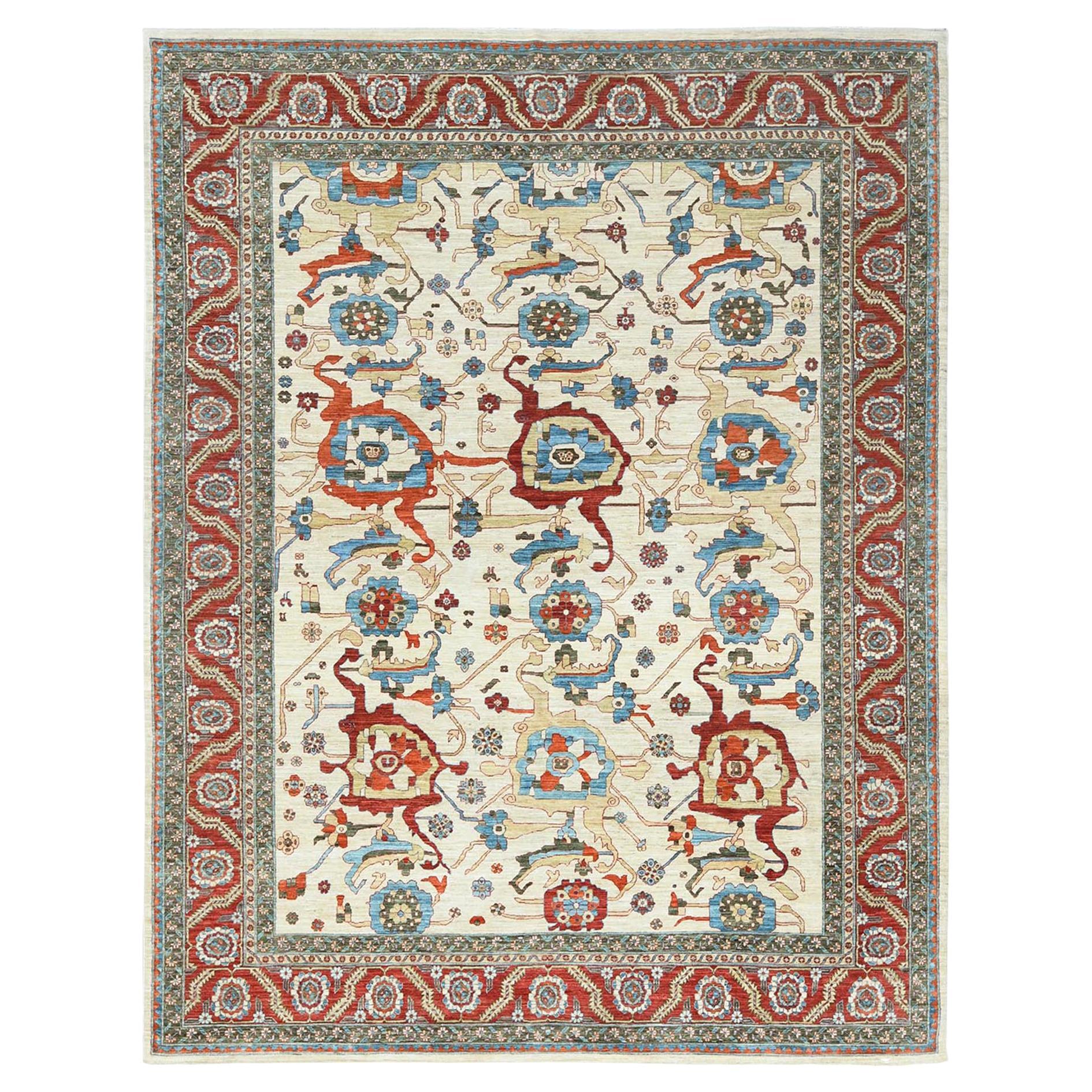 9'x11'4" Ivory, Afghan Peshawar Heriz  Design Wool Hand Knotted Oriental Rug