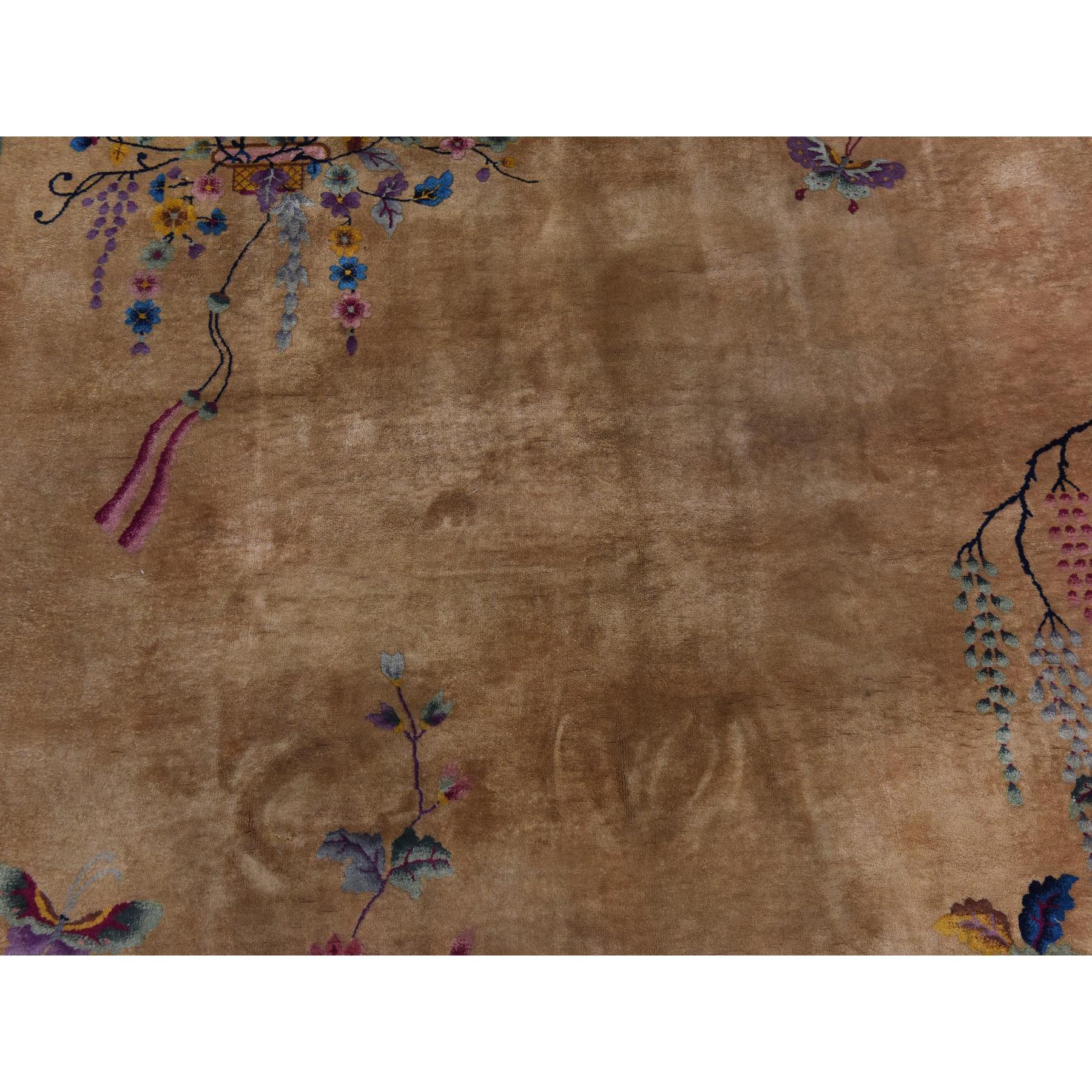 Copper Brown, Antique Chinese Art Deco, Full Pile, Clean and Soft, Sides and Ends Professionally Secured, 100% Wool, Hand Knotted, Oriental Rug
Primary materials: Wool
Latex: No Pile 
height: 0.25 Inches
Style: Traditional
Primary color: