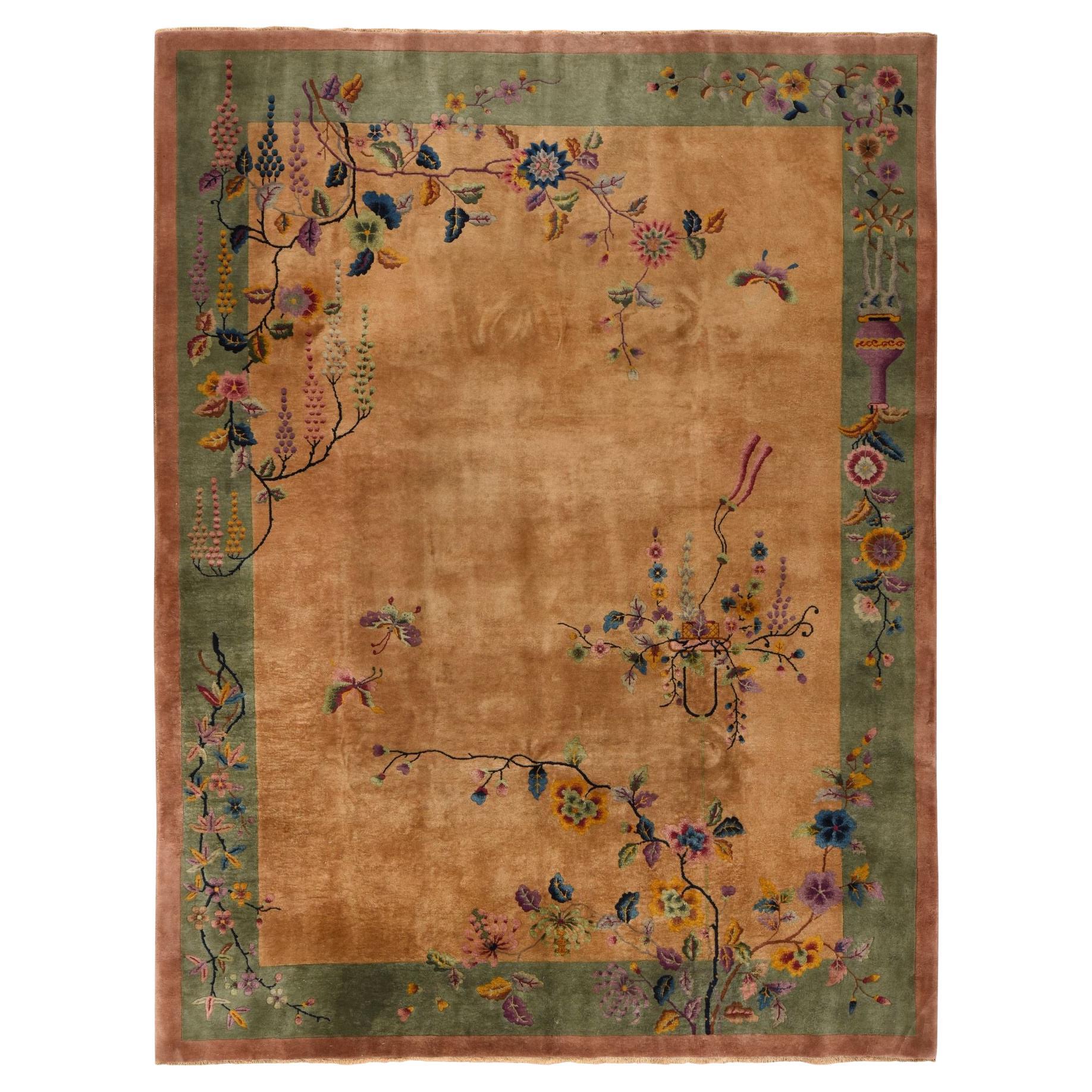 9'x11'5" Brown Antique Chinese Art Deco Clean and Soft All Wool Hand Knotted Rug For Sale