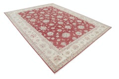 9x11.6 ft Hand Knotted Floral Turkish Area Rug with Red Field and Ivory Border