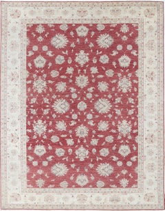 9x11.6 ft Hand Knotted Floral Turkish Area Rug with Red Field and Ivory Border