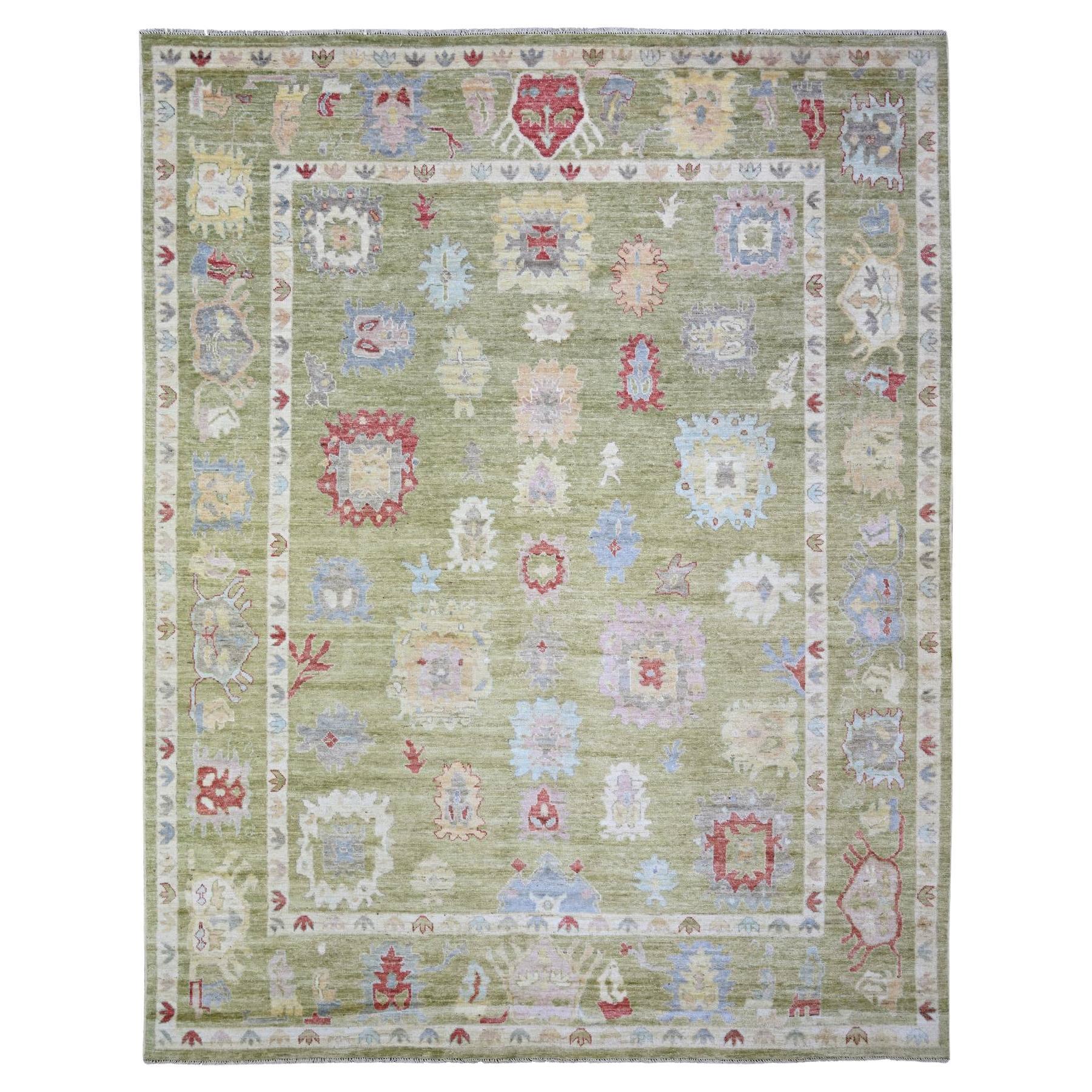 Tapis Afghan Angora Oushak 9'x11'6" vert doré pure laine nouée à la main en vente