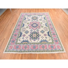 9'x11'6" Ivory Fusion Kazak with Flower Medallions Design Hand Knotted Wool Rug