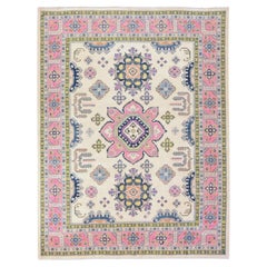 9'x11'6" Ivory Fusion Kazak with Flower Medallions Design Hand Knotted Wool Rug
