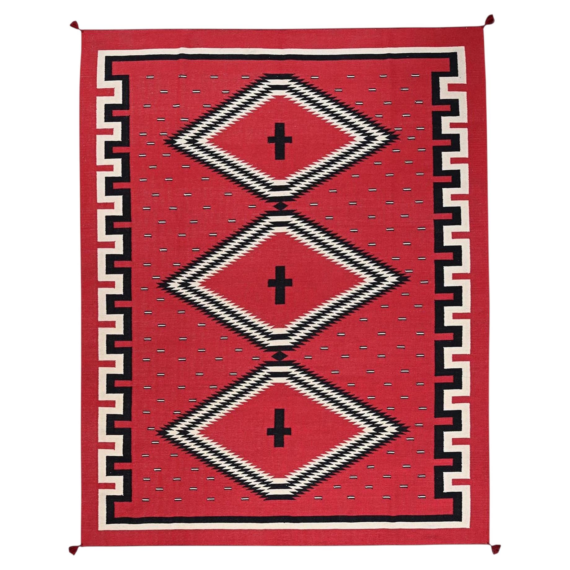 9'x11'6" Red Southwest Geometric Design Hand Woven Flat Weave Wool Oriental Rug