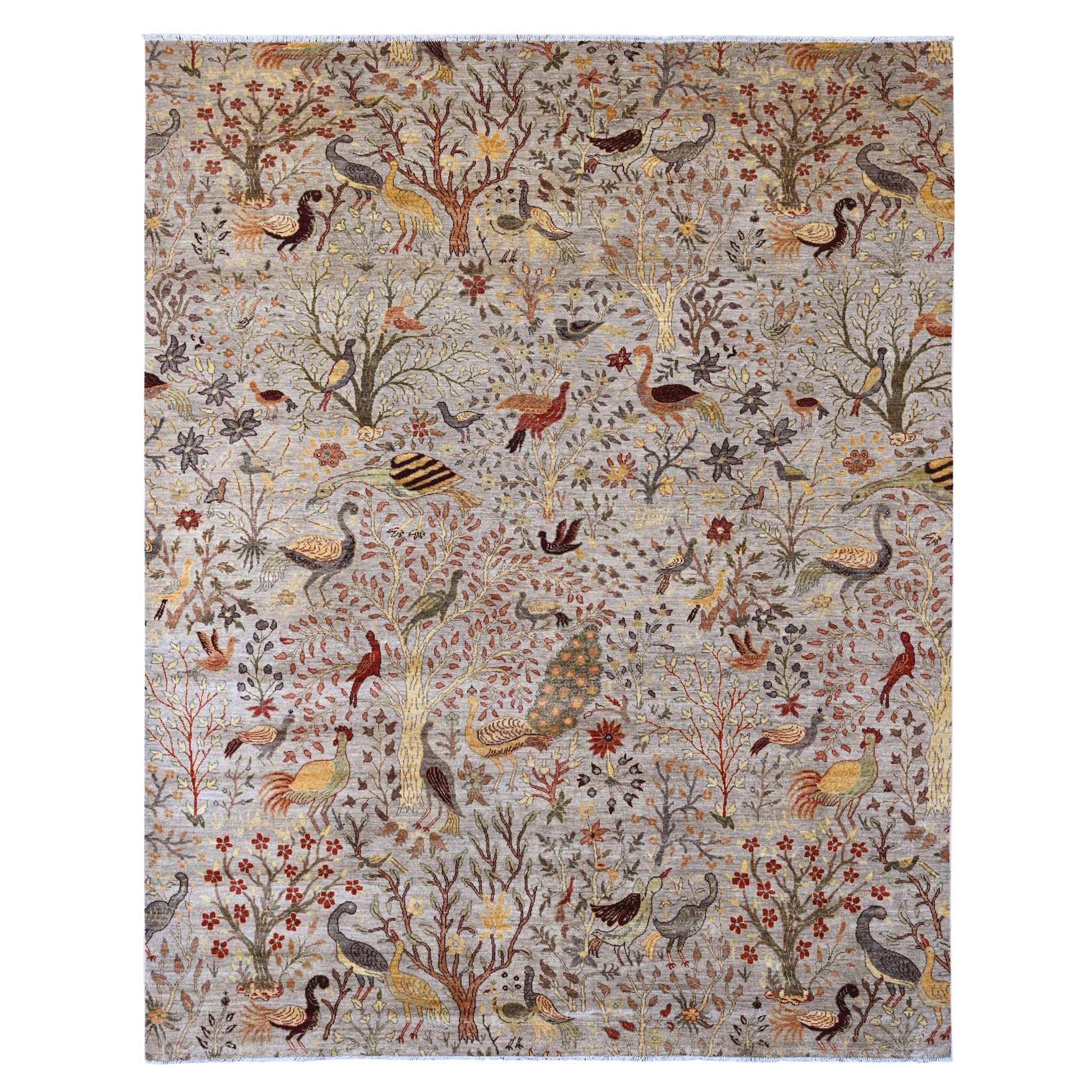 9'x11'6" White Afghan Peshawar Birds of Paradise Design Hand Knotted Wool Rug
