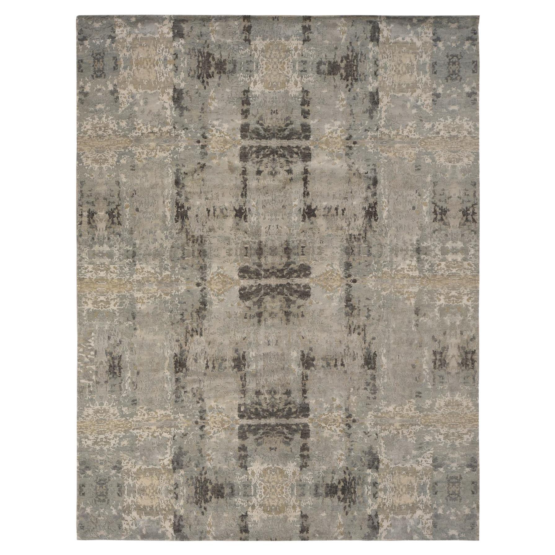 9'x11'7" Gris cendré, tissage Modern Népali, laine et soie, tapis noué à la main