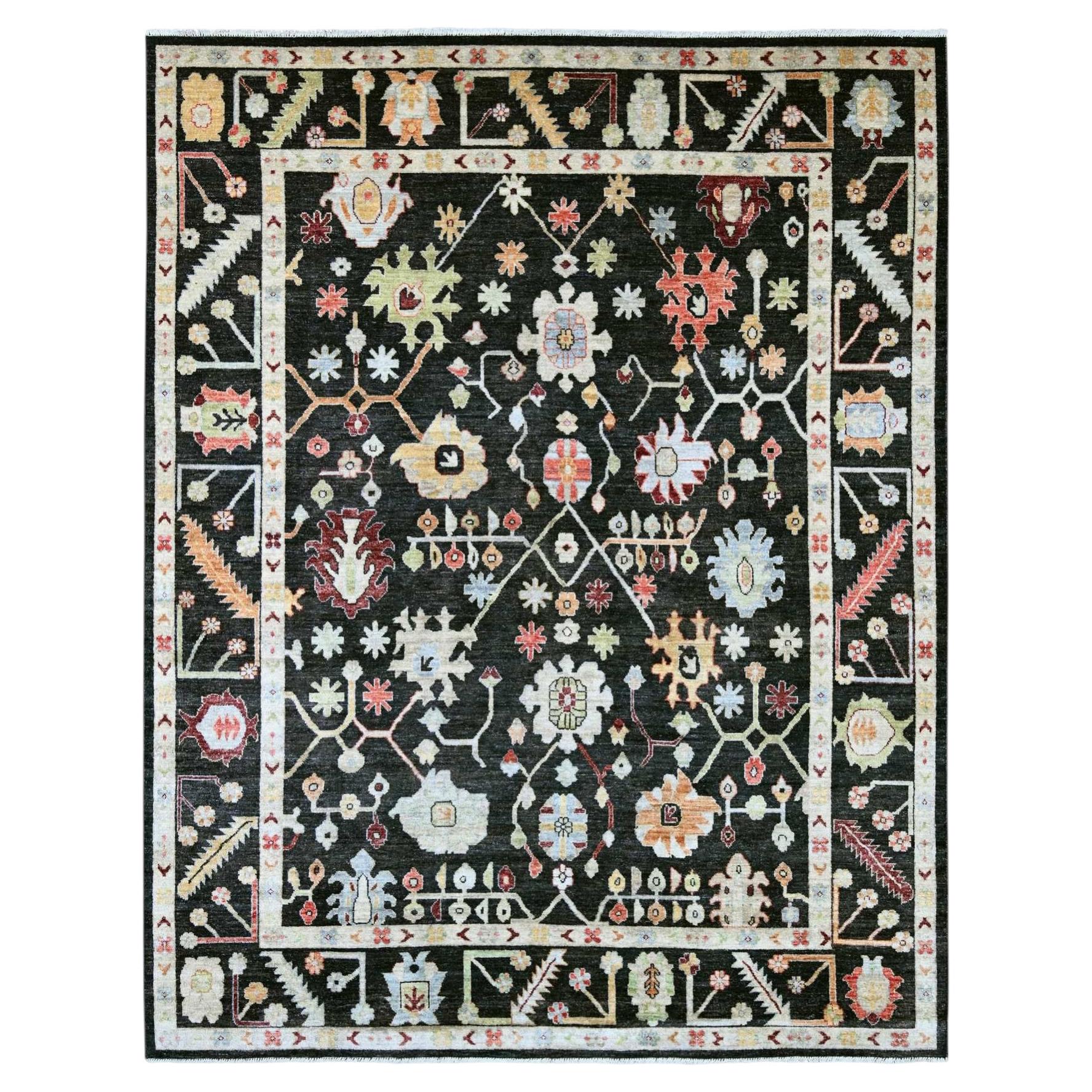 9'x11'7" Charcoal Black All Wool Afghan Angora Oushak Hand Knotted Oriental Rug