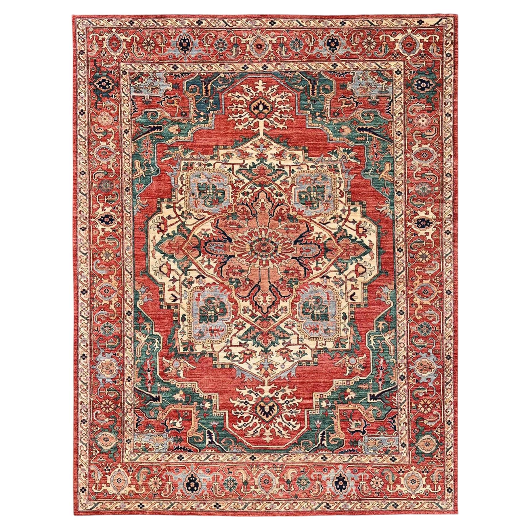 Tapis Serapi Heriz rouge corail, 2,74 m x 3,53 m, motif médaillon, noué à la main, 100 % laine en vente