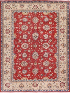 9x11.7 ft Hand Knotted Floral Large Area Rug with Red Field and Beige Border.