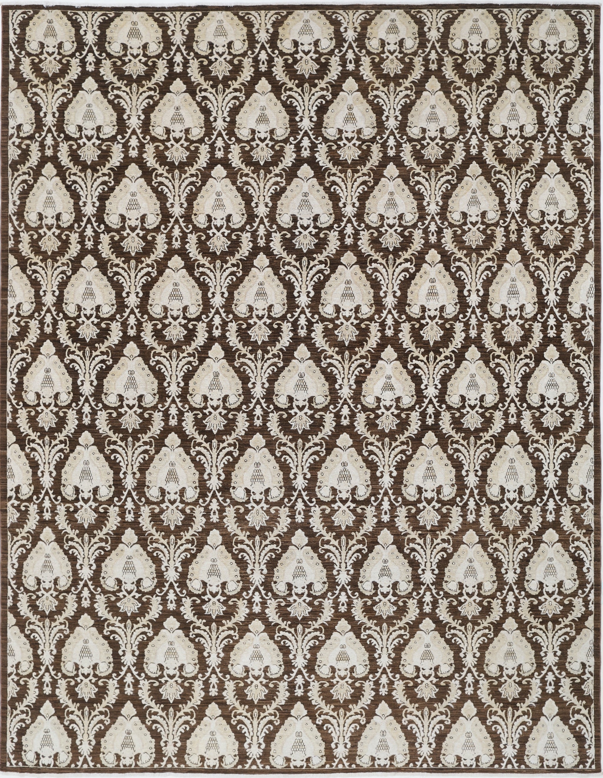 9x11.7 ft Handknotted Brown & Ivory Wool Area Rug, Traditional Ornamental Carpet