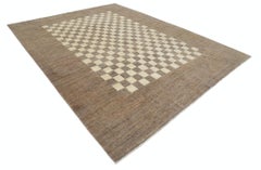 9x11.7 ft Handmade Brown and Ivory Area Rug. Checkered Geometric Design Carpet