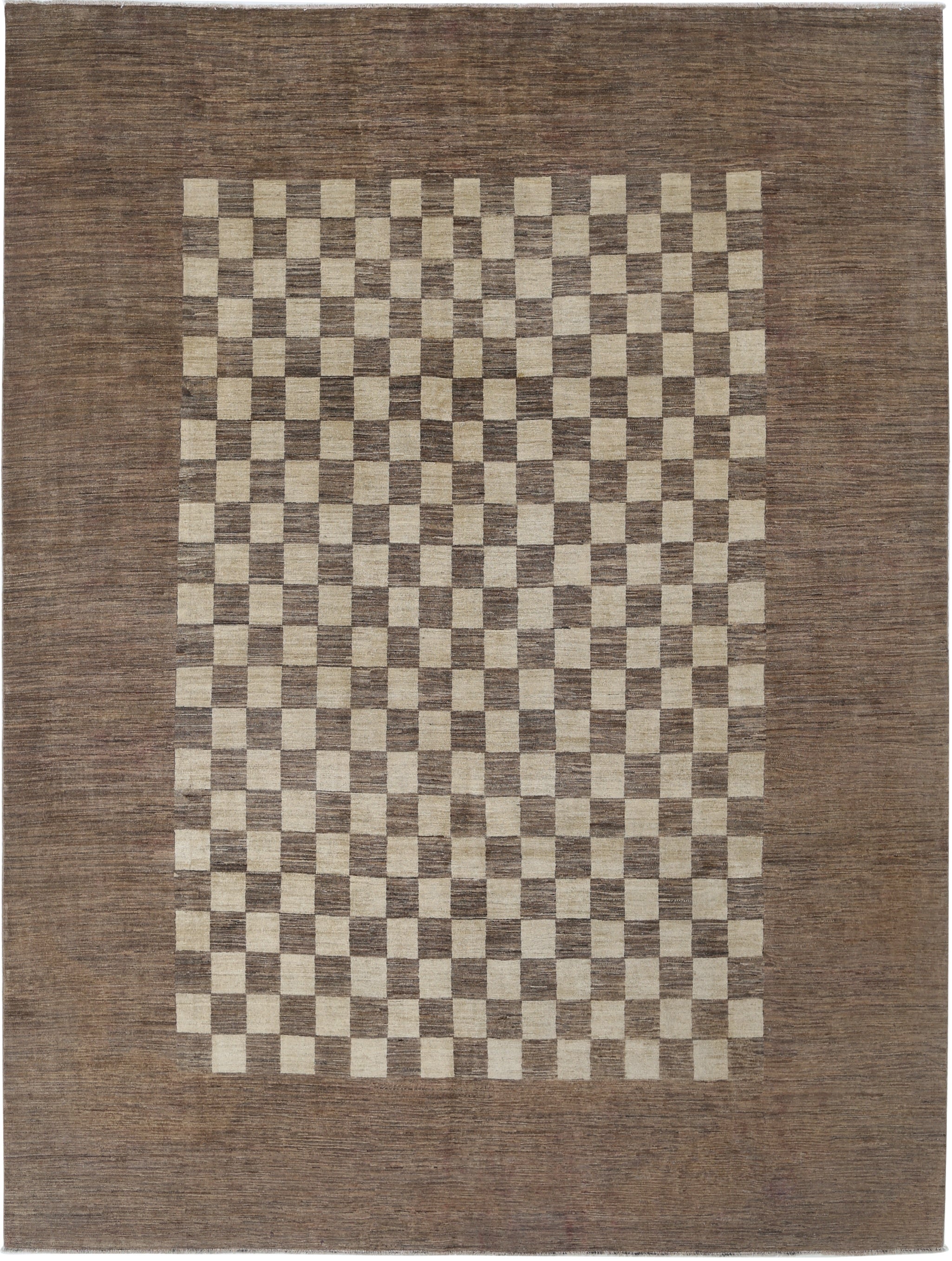 9x11.7 ft Handmade Brown and Ivory Area Rug. Checkered Geometric Design Carpet