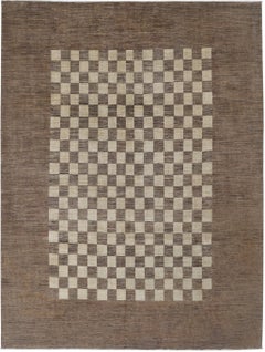9x11.7 ft Handmade Brown and Ivory Area Rug. Checkered Geometric Design Carpet