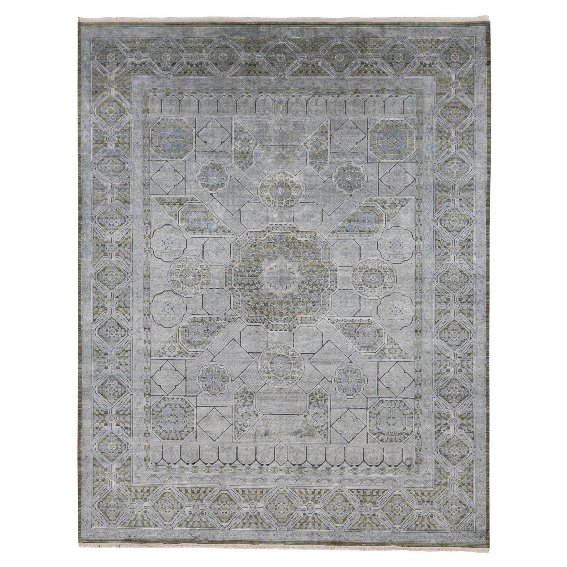 9'x11'7" Gray Silk with Textured Wool Mamluk Design Hand Knotted Oriental Rug