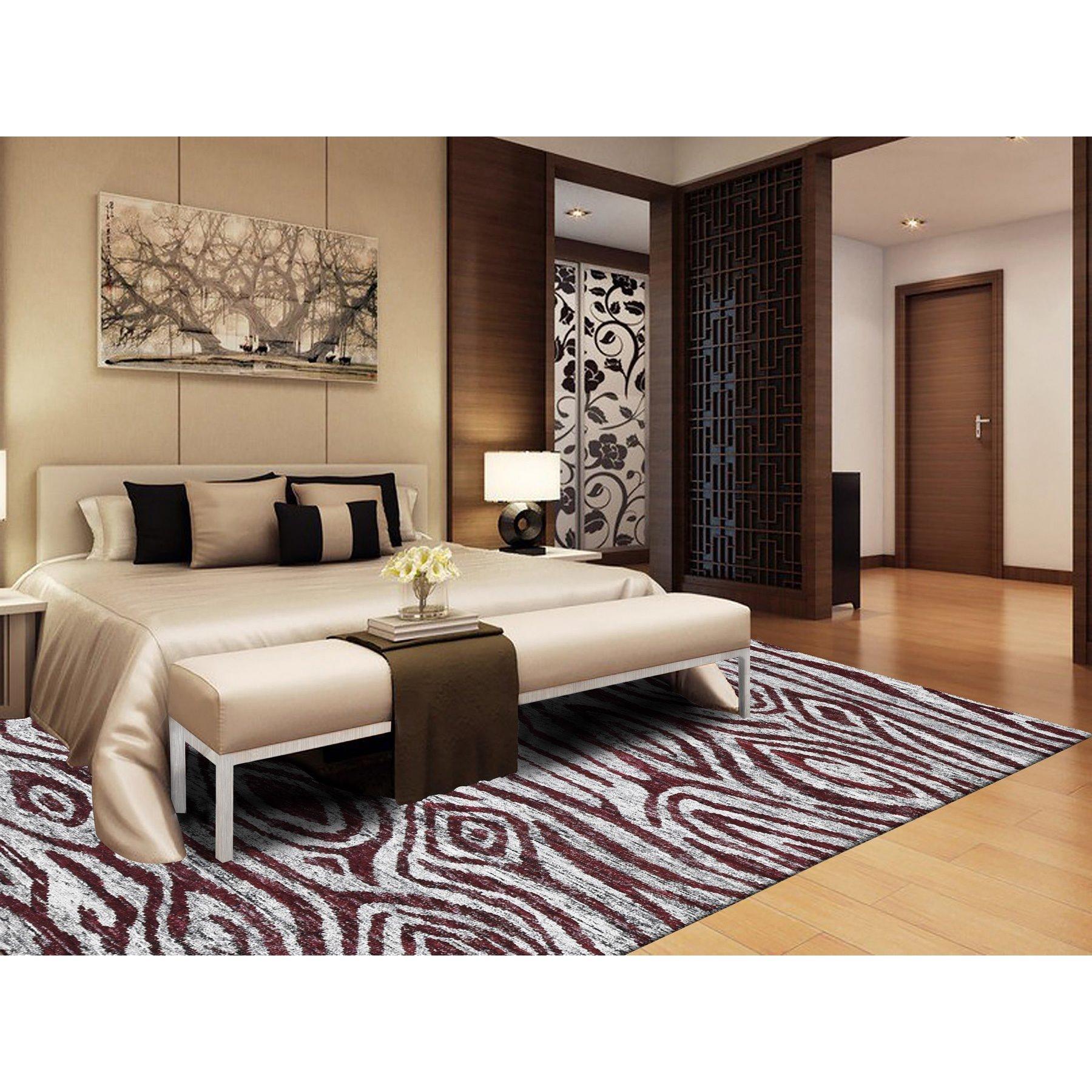 Ivory, Man Made Silk, Hand Knotted with Tree Bark Design and Natural Abrash, Oriental Rug
Primary materials: Wool
Latex: No Pile 
height: 0.25 Inches
Style: Transitional
Primary color: Ivory
Secondary colors: Red, Black, Gray, Pink
Pattern: Oriental