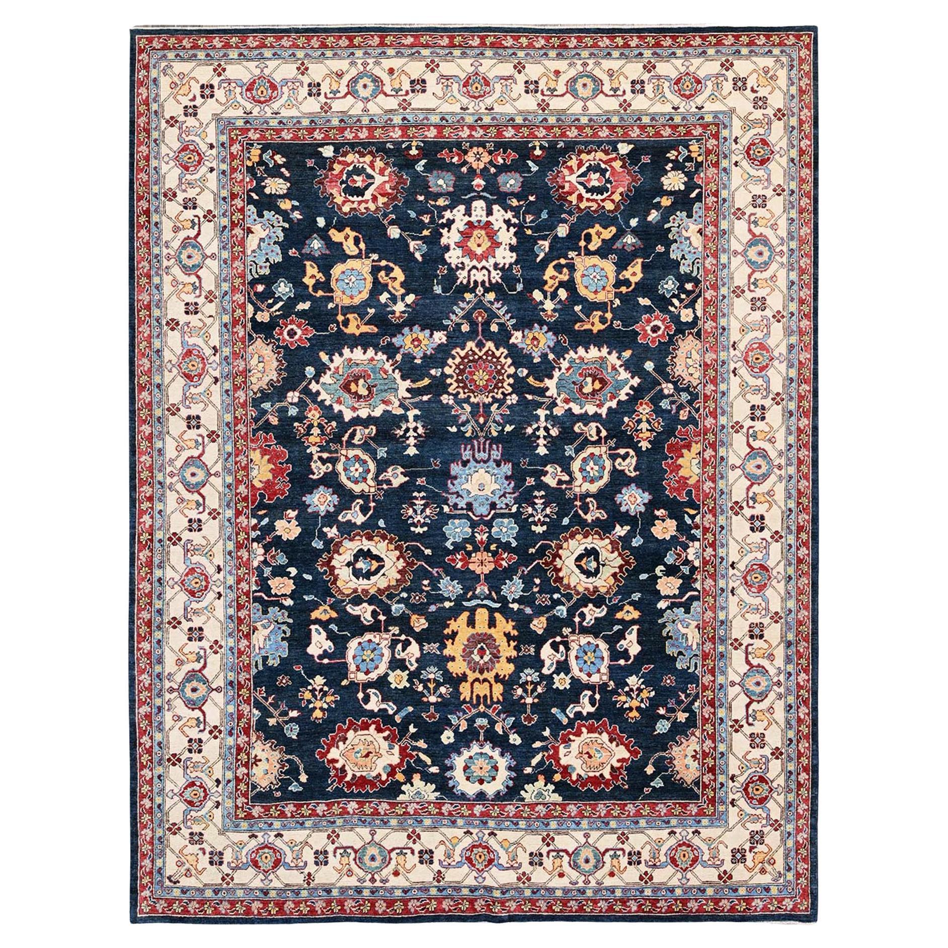 9'x11'7" Midnight Blue Afghan with Heriz All Over Design Hand Knotted Wool Rug