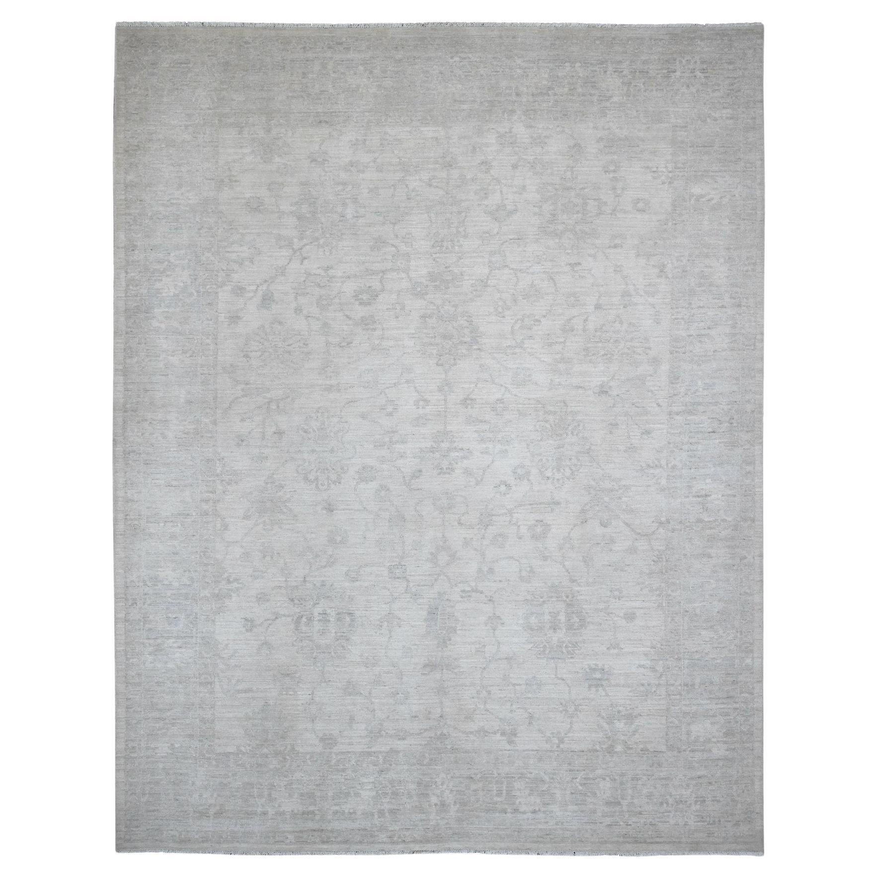 9'x11'7" White Washed Out Peshawar Vines and Leaf Design Hand Knotted Wool Rug