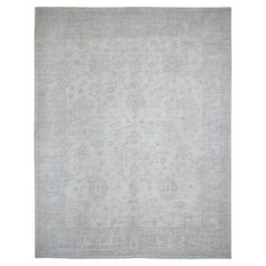9'x11'7" White Washed Out Peshawar Vines and Leaf Design Tapis de laine noué à la main