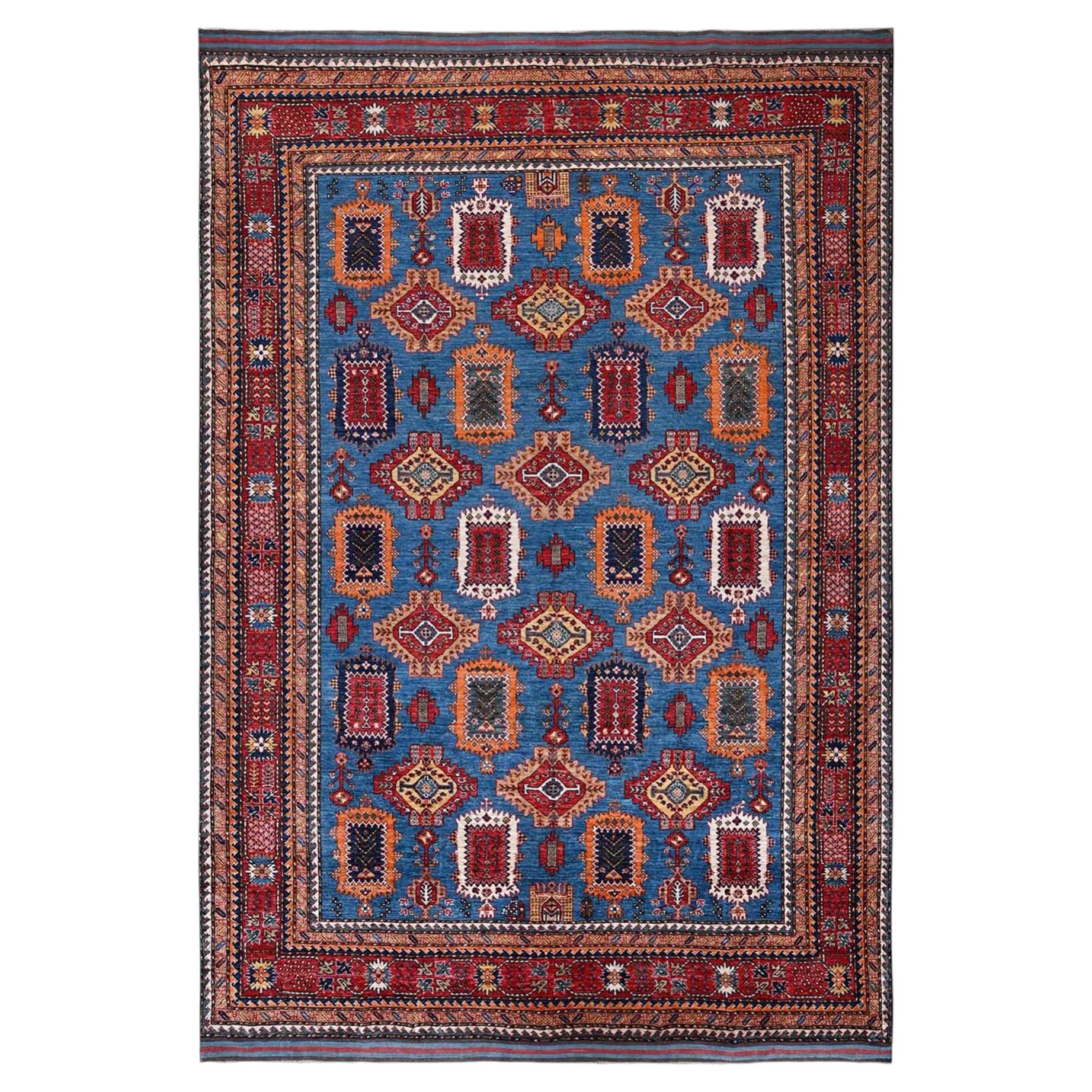 9'x11'8" Blue Afghan Ersari with Turkish Knot Hand Knotted Soft Wool Rug For Sale